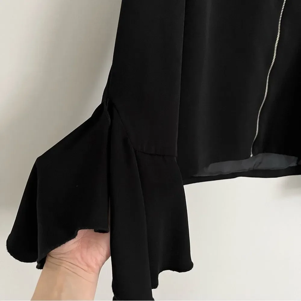 Zara Black Crepe Full Zip Ruffle Bell Sleeve Jacket, Size S NWOT